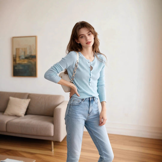 Damen Langarmshirt mit Knopfleiste und Rippstruktur Fudus