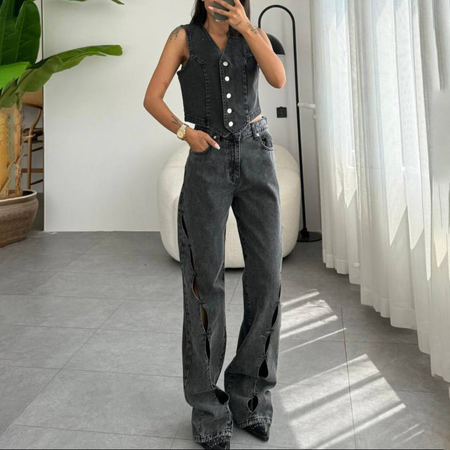 Damen lässige Jeans mit kreativen Cut-Out-Details Fudus