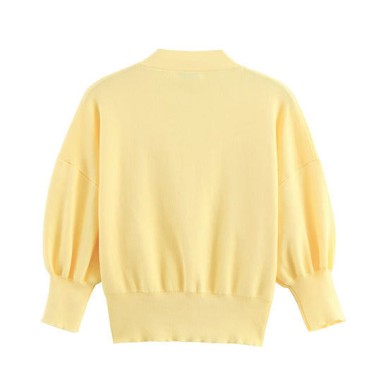 Damen lässige Strickjacke mit Ballonärmeln und eleganten Knopfdetails Fudus