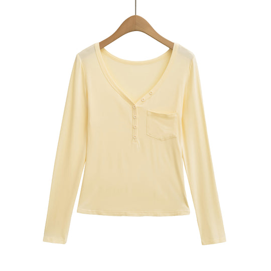 Damen langärmliges Basic-T-Shirt mit Knopfleiste und tiefem V-Ausschnitt Fudus