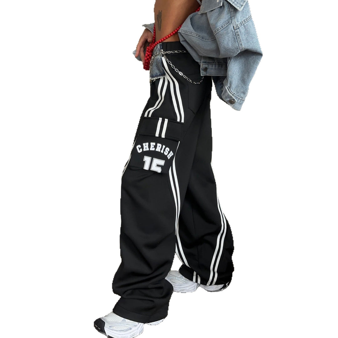 Damen lässige Cargo-Hose mit seitlichen Taschen und kontrastierenden Streifen Fudus