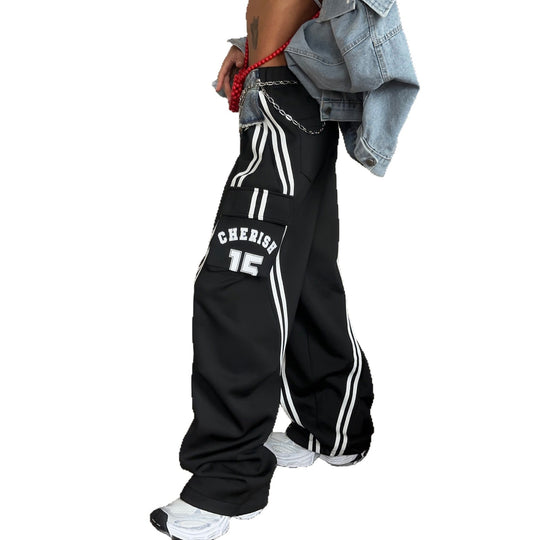 Damen lässige Cargo-Hose mit seitlichen Taschen und kontrastierenden Streifen Fudus