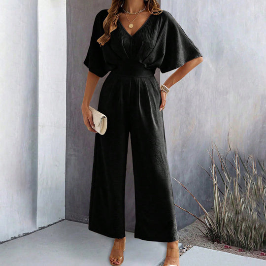 Damen Jumpsuit Weit Geschnitten V Ausschnitt Drapierungen Elegant