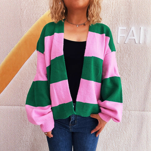 Damen lässige Strickjacke mit breitem Streifenmuster und extra weitem Schnitt Fudus