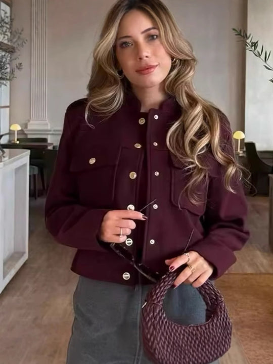 Damen kurze Militärjacke mit Taschen und dekorativen Knöpfen Fudus