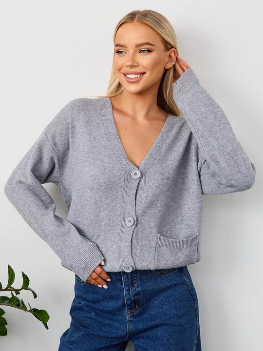 Damen Kuscheliger Cardigan mit V-Ausschnitt und praktischen Taschen Fudus