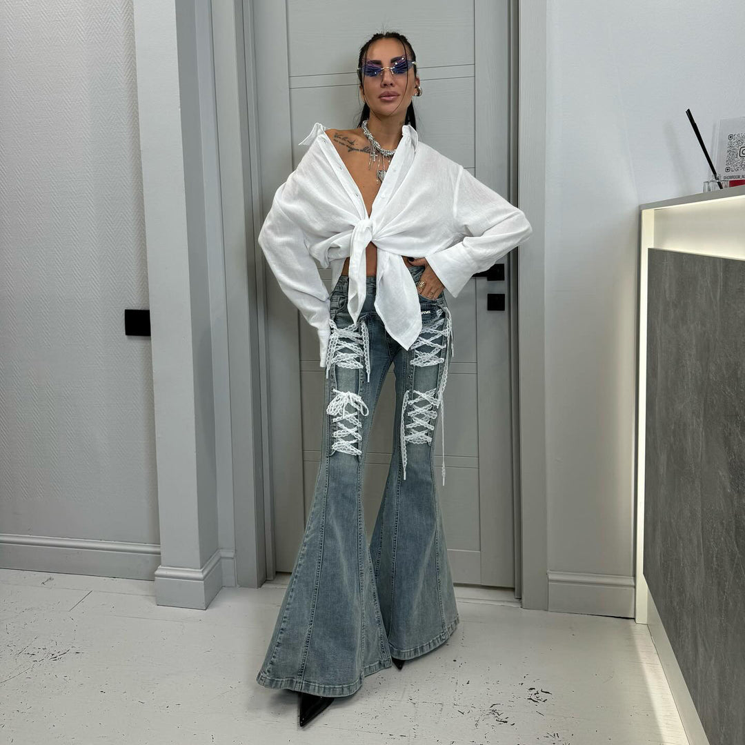 Damen lässige Jeans mit einzigartigen Schnürdetails Fudus