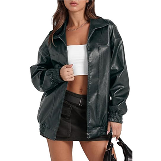 Damen lässige Oversized-Jacke mit elastischen Bündchen und durchgehendem Reißverschluss Fudus