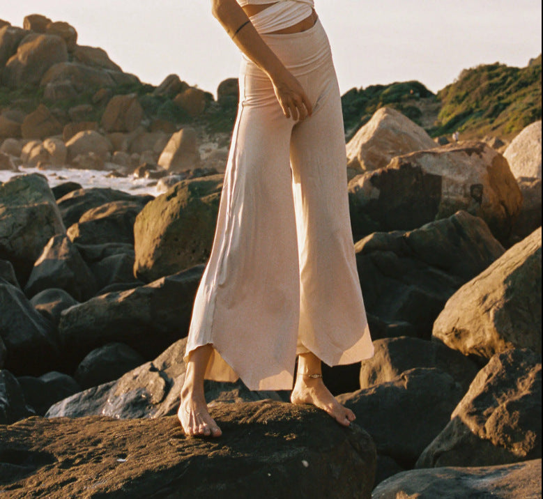 Damen Hose Jersey Weit Geschnitten Seitliche Taschen Elastischer Bund