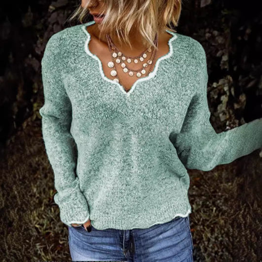 Damen kuscheliger Strickpullover mit tiefem V-Ausschnitt und gewellten Abschlüssen Fudus