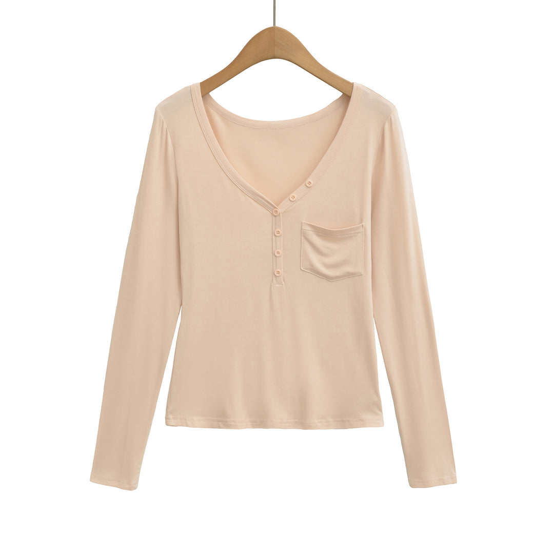 Damen langärmliges Basic-T-Shirt mit Knopfleiste und tiefem V-Ausschnitt Fudus