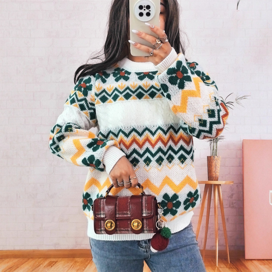Damen Grobstrickpullover mit buntem Zickzackmuster und floralen Akzenten Fudus