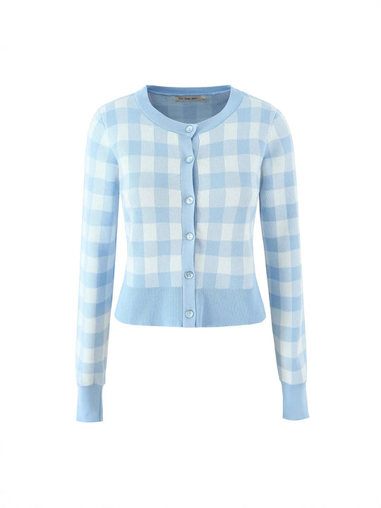 Damen modischer karierten Strickjacke mit Rundhalsausschnitt und Knopfverschluss Fudus