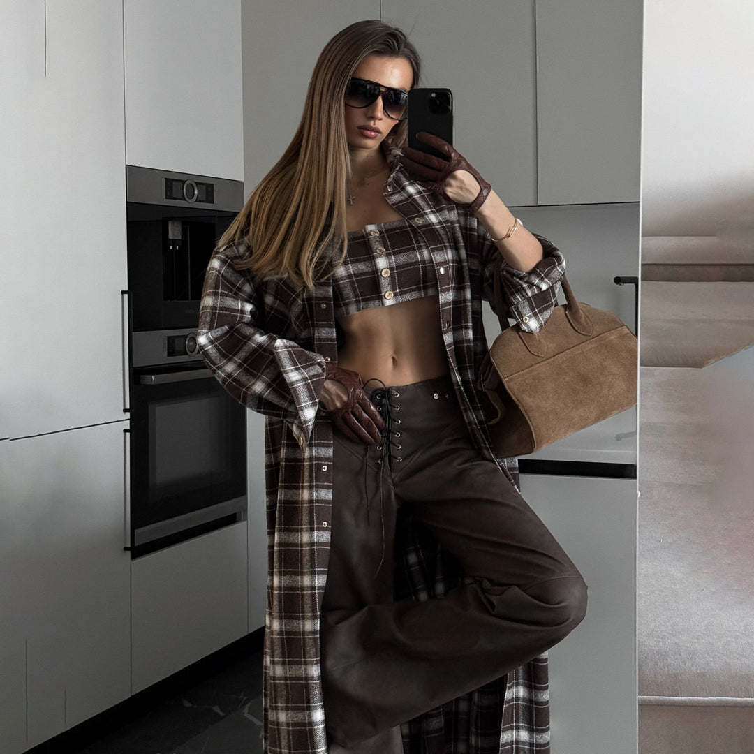 Damen Langes Karo-Hemdkleid mit abnehmbaren Ärmeln Fudus