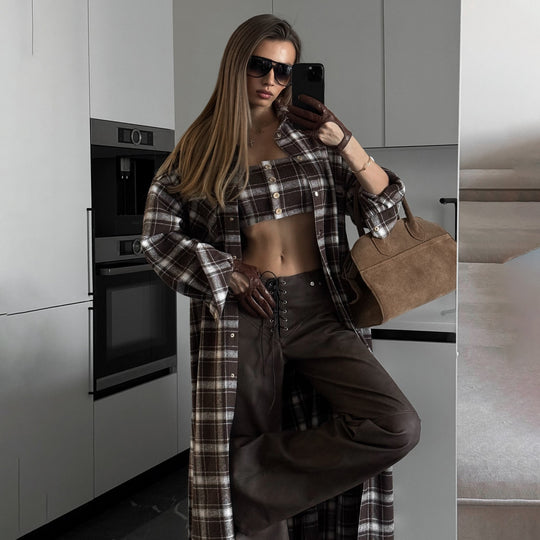 Damen Langes Karo-Hemdkleid mit abnehmbaren Ärmeln Fudus