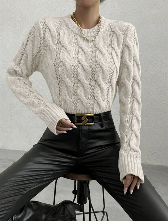 Damen Grobstrickpullover mit Zopf-Muster und hohem Kragen Fudus