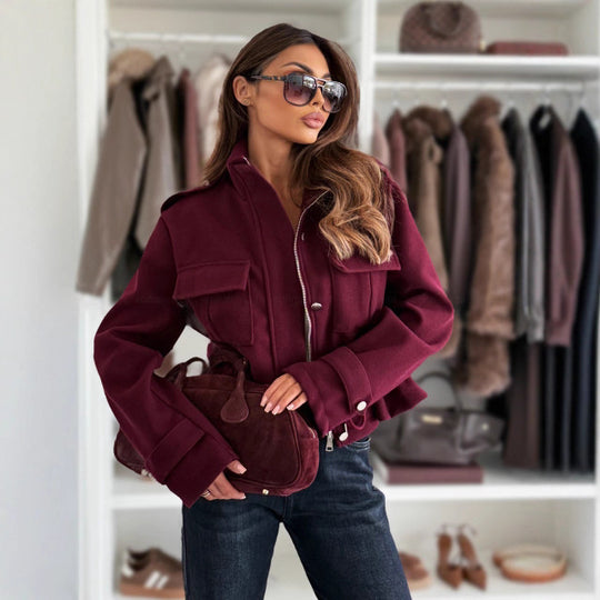 Damen kurze Jacke mit dekorativer Schnürung und praktischen Taschen Fudus