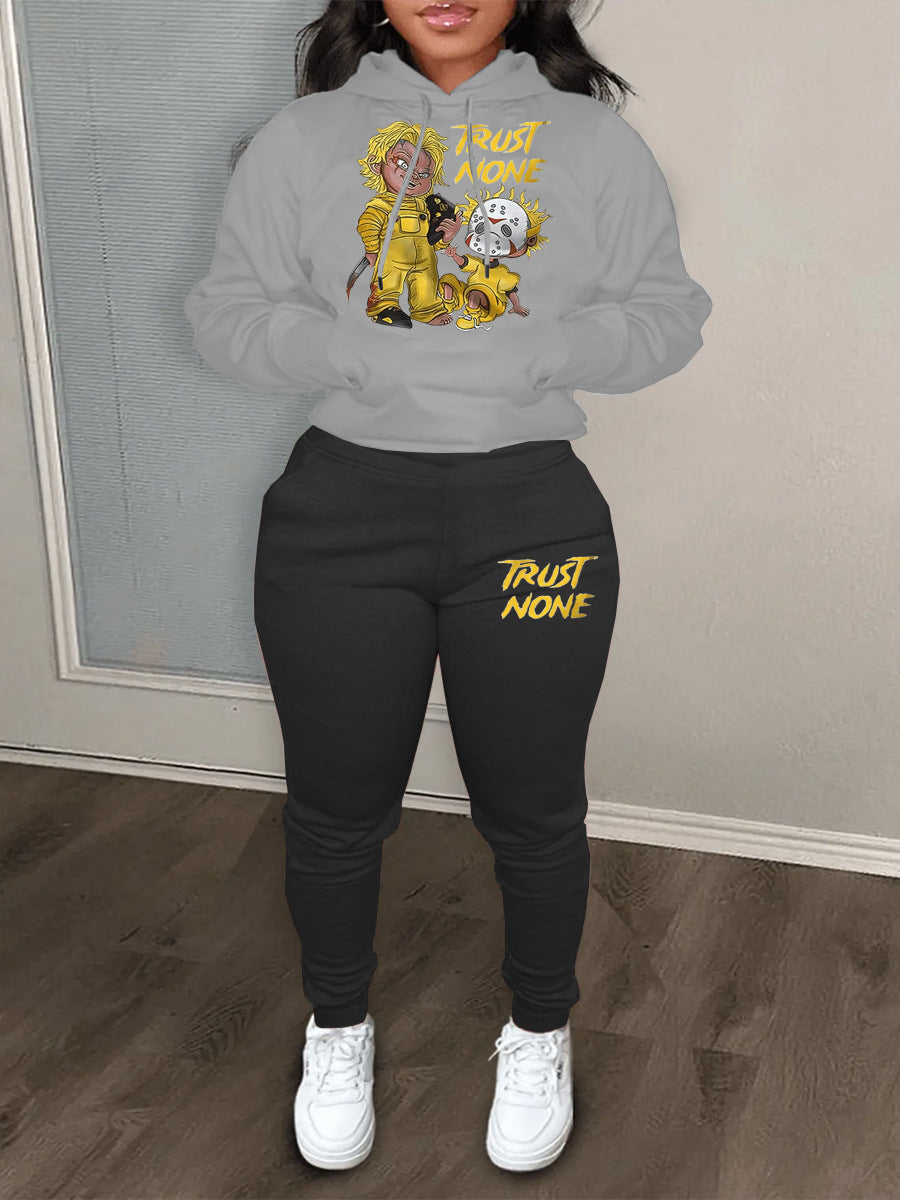 Damen Kapuzenpullover und Jogginghose Set mit kreativem Druckdesign Fudus