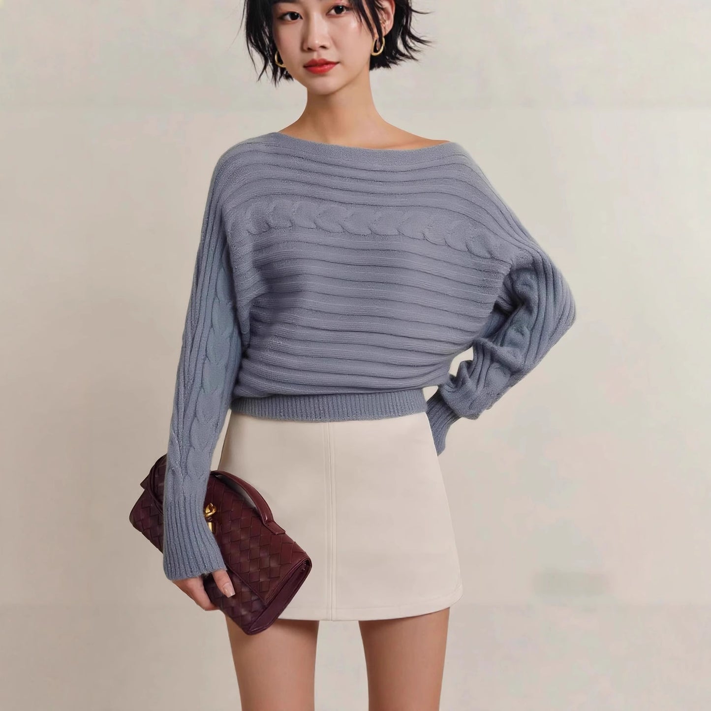 Damen Hübscher, lässiger Strickpullover mit breiten Ärmeln Fudus