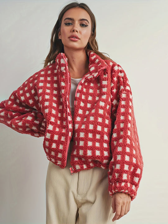 Damen kuschelige Oversized Fleecejacke mit Karomuster und hohem Kragen Fudus