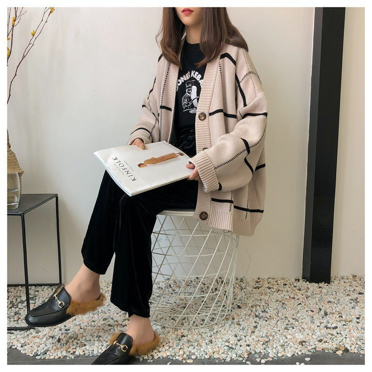 Damen Grobstrickjacke mit modischem Karo-Muster und praktischen Taschen Fudus