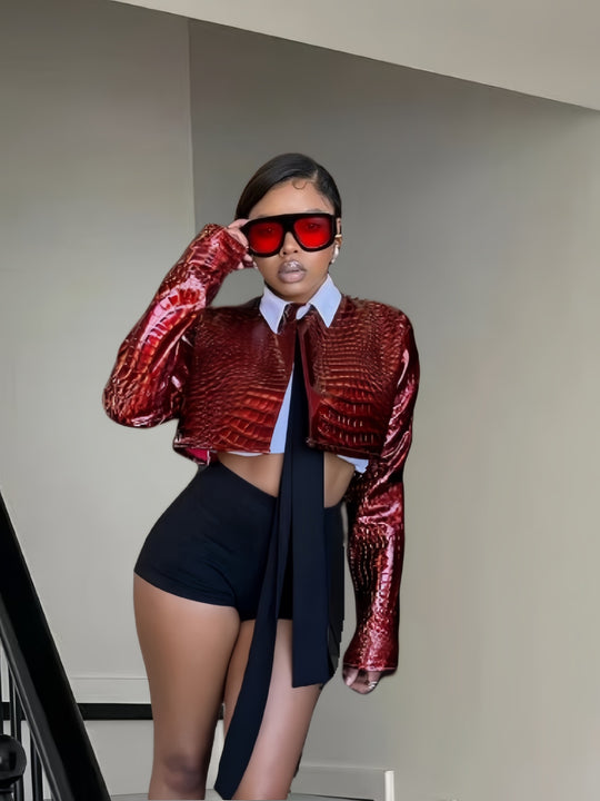 Damen Kunstlederjacke im modernen Krokodil-Design Fudus