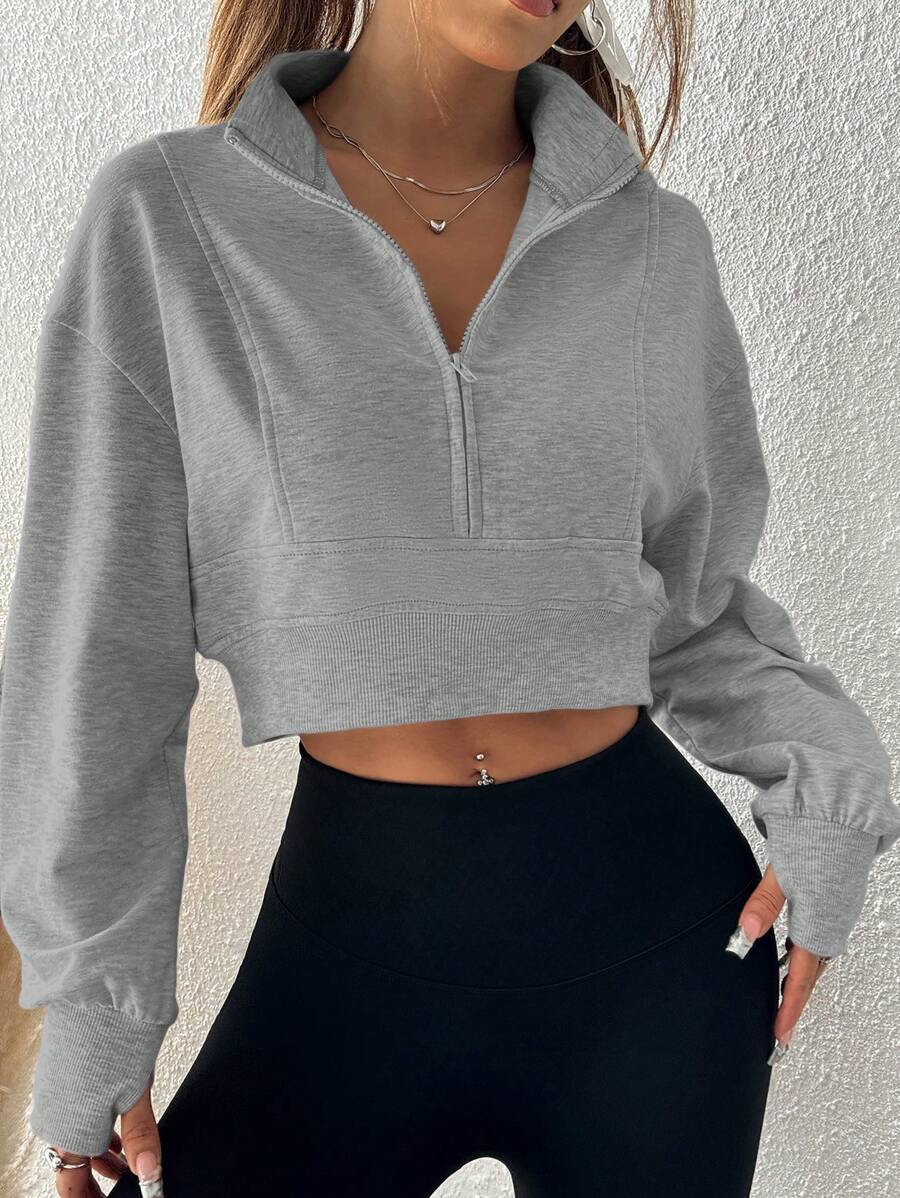 Damen Kurzarm-Sweatshirt mit hohem Kragen und Reißverschluss Fudus