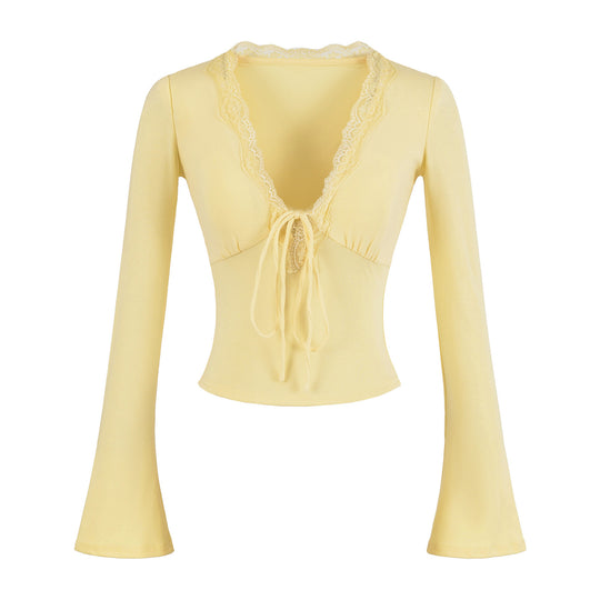 Damen langärmliges Oberteil mit Rüschendetails und eleganter Schnürung Fudus