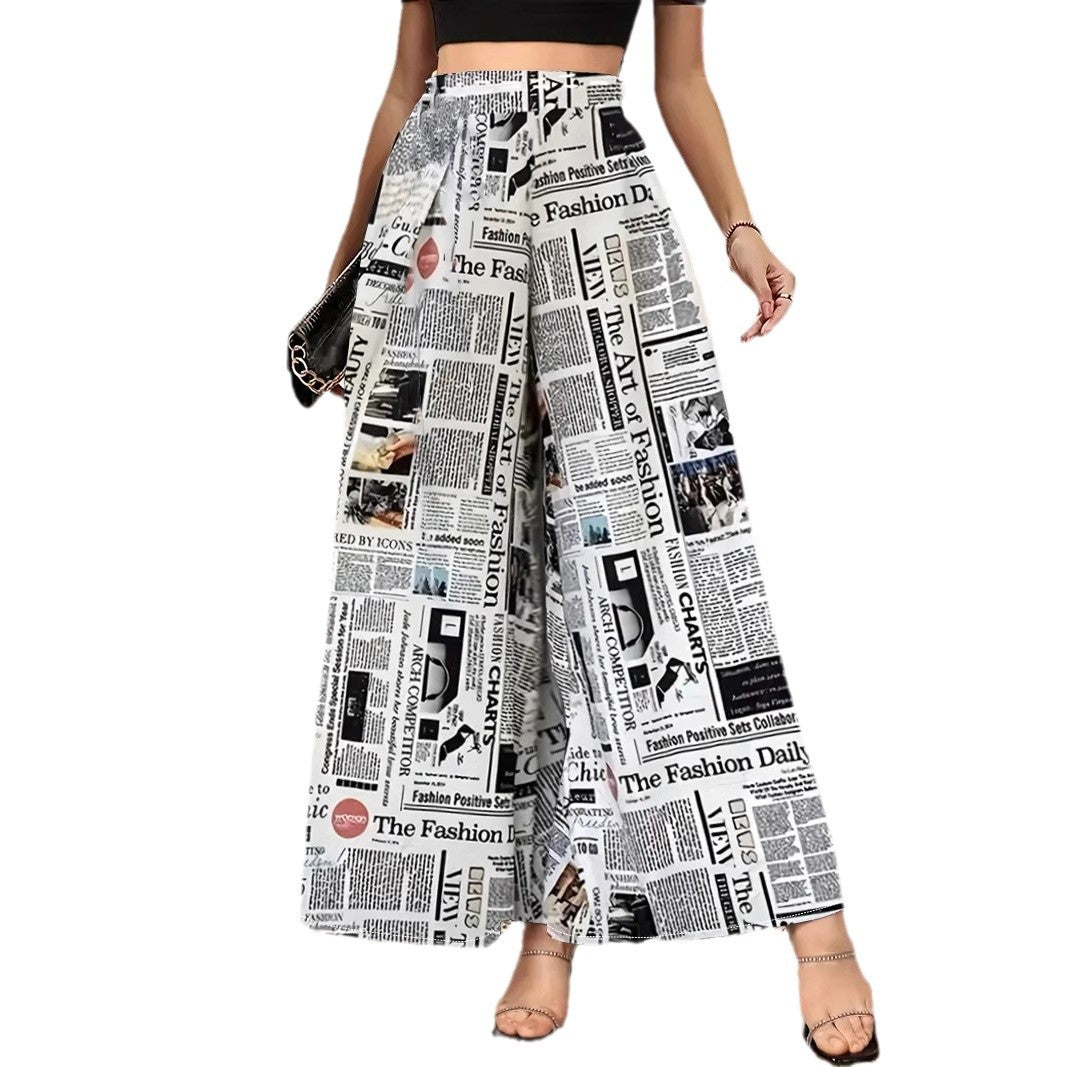 Damen Langer Plissierter Rock mit modischem Zeitungsdruck Fudus