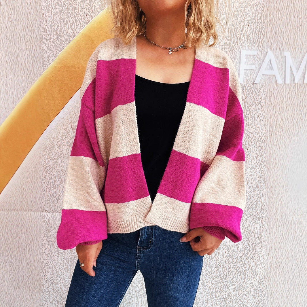 Damen lässige Strickjacke mit breitem Streifenmuster und extra weitem Schnitt Fudus