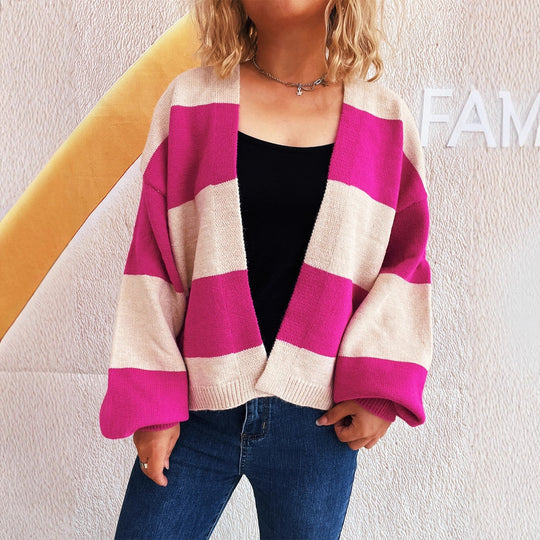 Damen lässige Strickjacke mit breitem Streifenmuster und extra weitem Schnitt Fudus