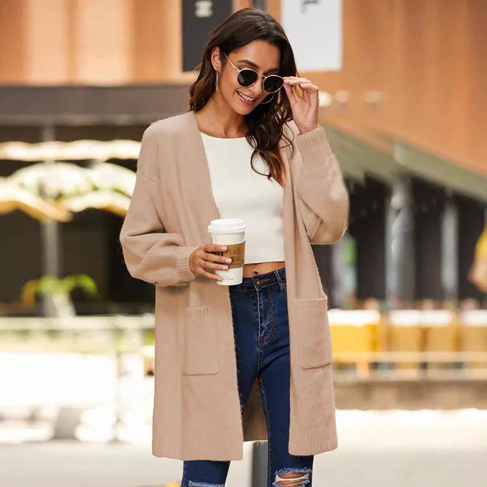 Damen langärmeliger Cardigan mit offenen Fronten und tiefen Taschen Fudus