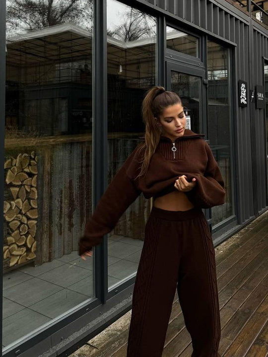 Damen kuscheliger Strickpullover und weite Hose Fudus