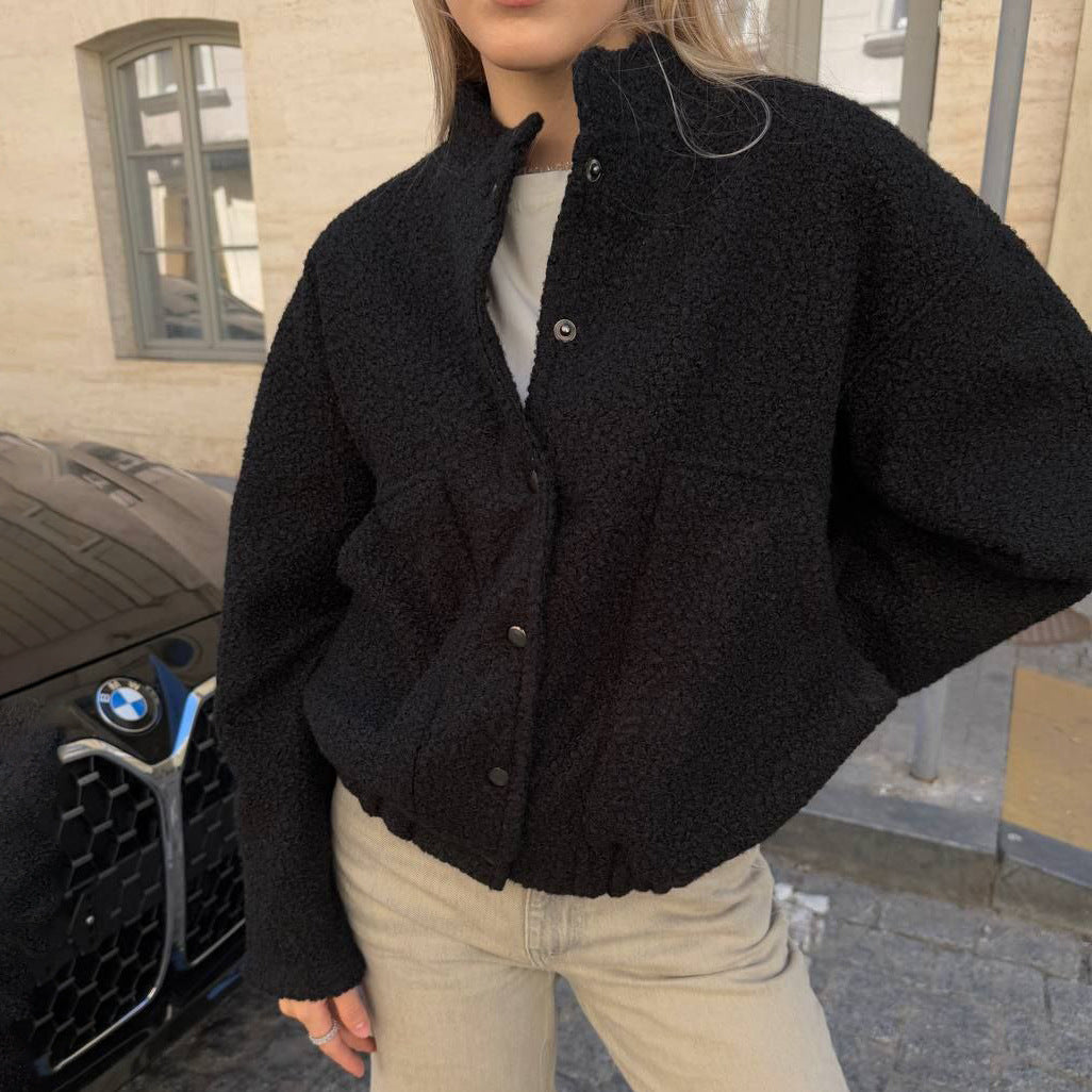 Damen kuschelige Fleecejacke mit Druckknöpfen und großen Taschen Fudus