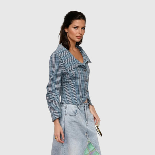 Damen Karierte Cropped Jacke Fudus