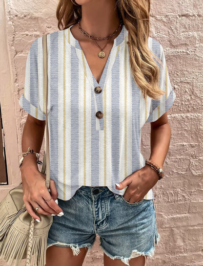 Damen Kurzarm Blusenshirt mit Knopfdetaillierung und trendigem Streifenmuster Fudus