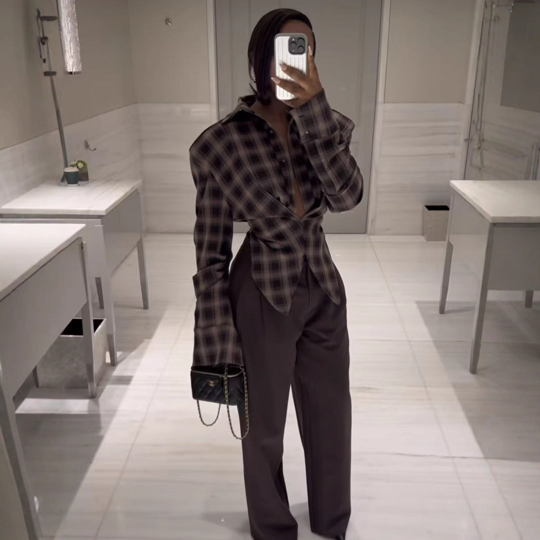 Damen lässige Karobluse mit asymmetrischem Schnitt Fudus