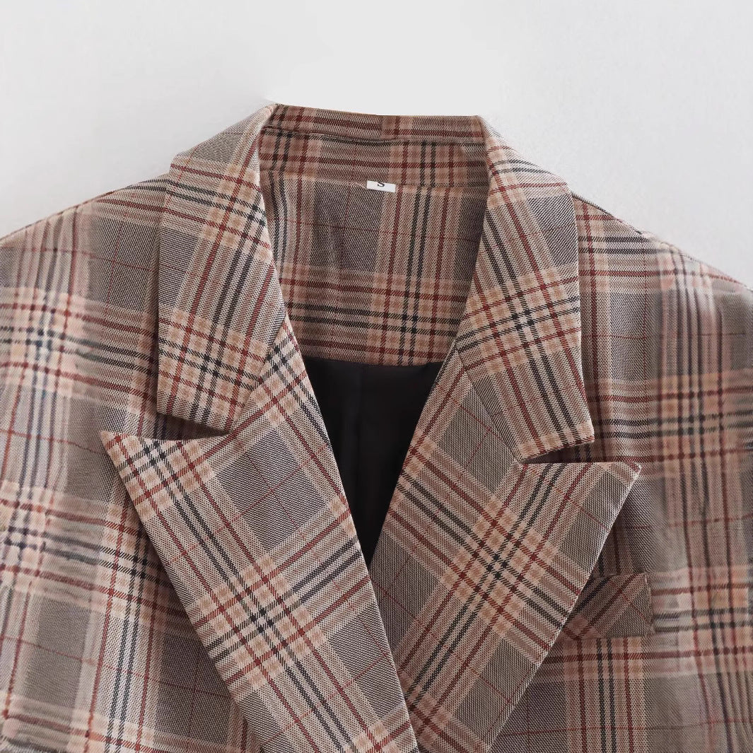 Damen karierte Blazerjacke mit doppelter Knopfleiste und aufgesetzten Taschen Fudus