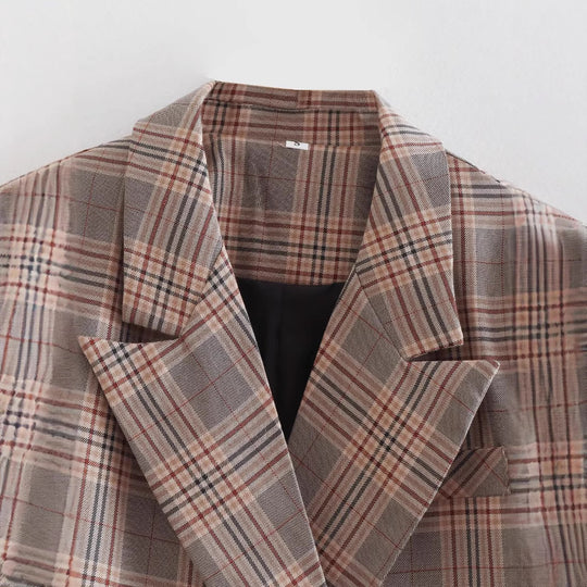 Damen karierte Blazerjacke mit doppelter Knopfleiste und aufgesetzten Taschen Fudus