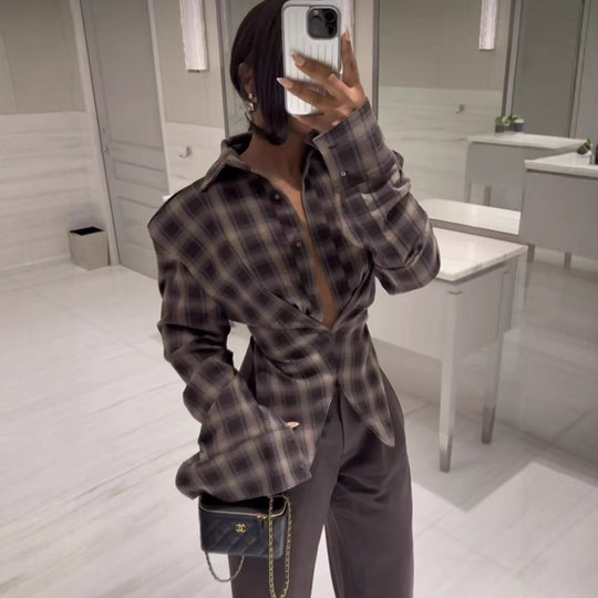 Damen lässige Karobluse mit asymmetrischem Schnitt Fudus