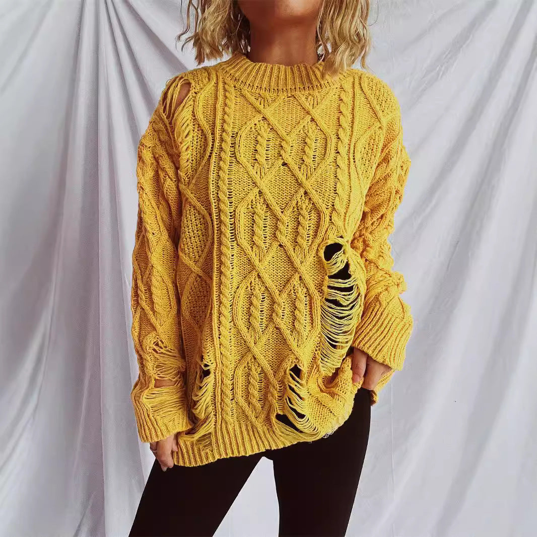 Damen Grobstrickpullover mit einzigartigem Zopfmuster und ausgefransten Details Fudus