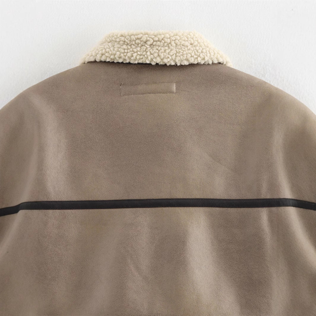 Damen Kurze Teddyfelljacke mit Lederakzenten Fudus