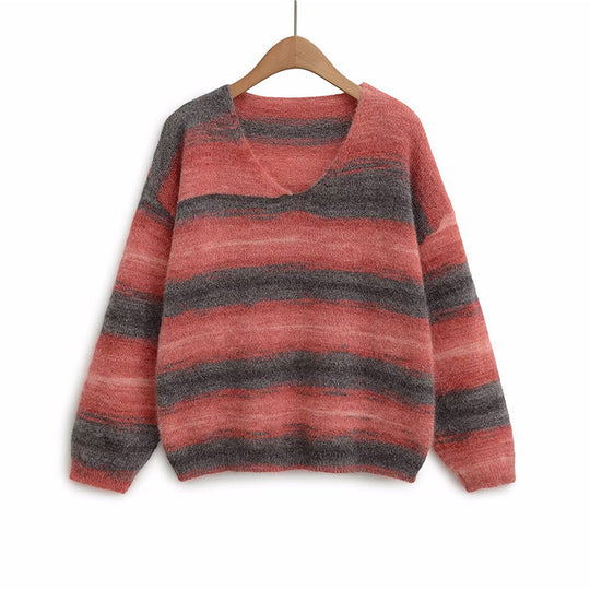 Damen kuscheliger Strickpullover mit V-Ausschnitt und gestreiftem Design Fudus