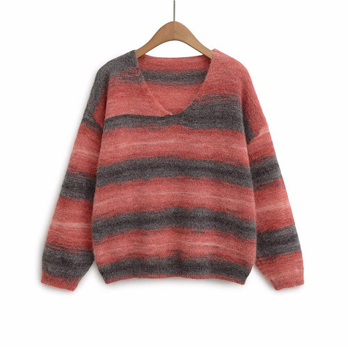 Damen kuscheliger Strickpullover mit V-Ausschnitt und gestreiftem Design Fudus