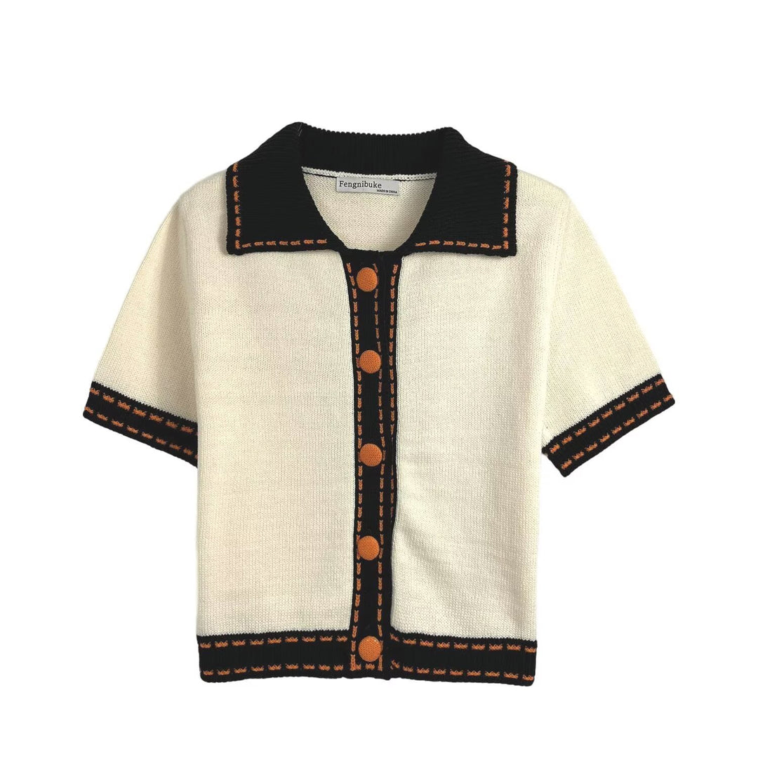 Damen Kurzarmpullover mit kontrastierenden Details Fudus