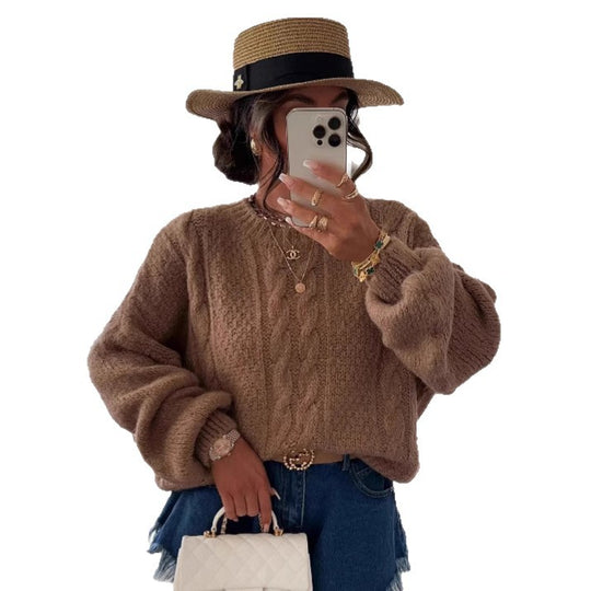 Damen Grobstrickpullover mit voluminösen Ärmeln und romantischem Zopfdesign Fudus