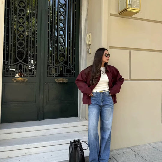 Damen langärmlige Utility-Jacke mit praktischen Taschen und hohem Kragen Fudus