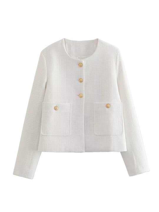 Damen Kurze Tweedjacke mit dekorativen Knöpfen Fudus