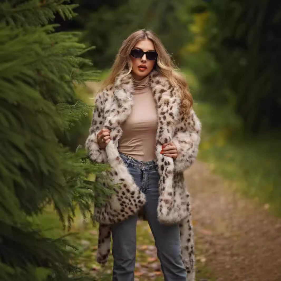 Damen Modischer Kunstfell-Mantel mit Tiermuster und Gürteldesign Fudus