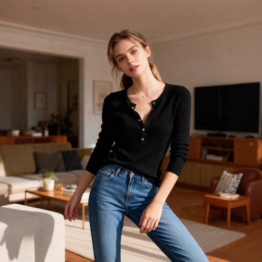 Damen Langarmshirt mit Knopfleiste und Rippstruktur Fudus